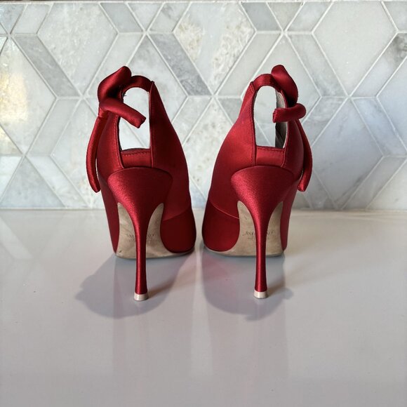 Valentino Garavani 39 9 Red Satin Heel Bow Open Heel Pointed Toe Pump Nite-Out - Picture 8 of 11
